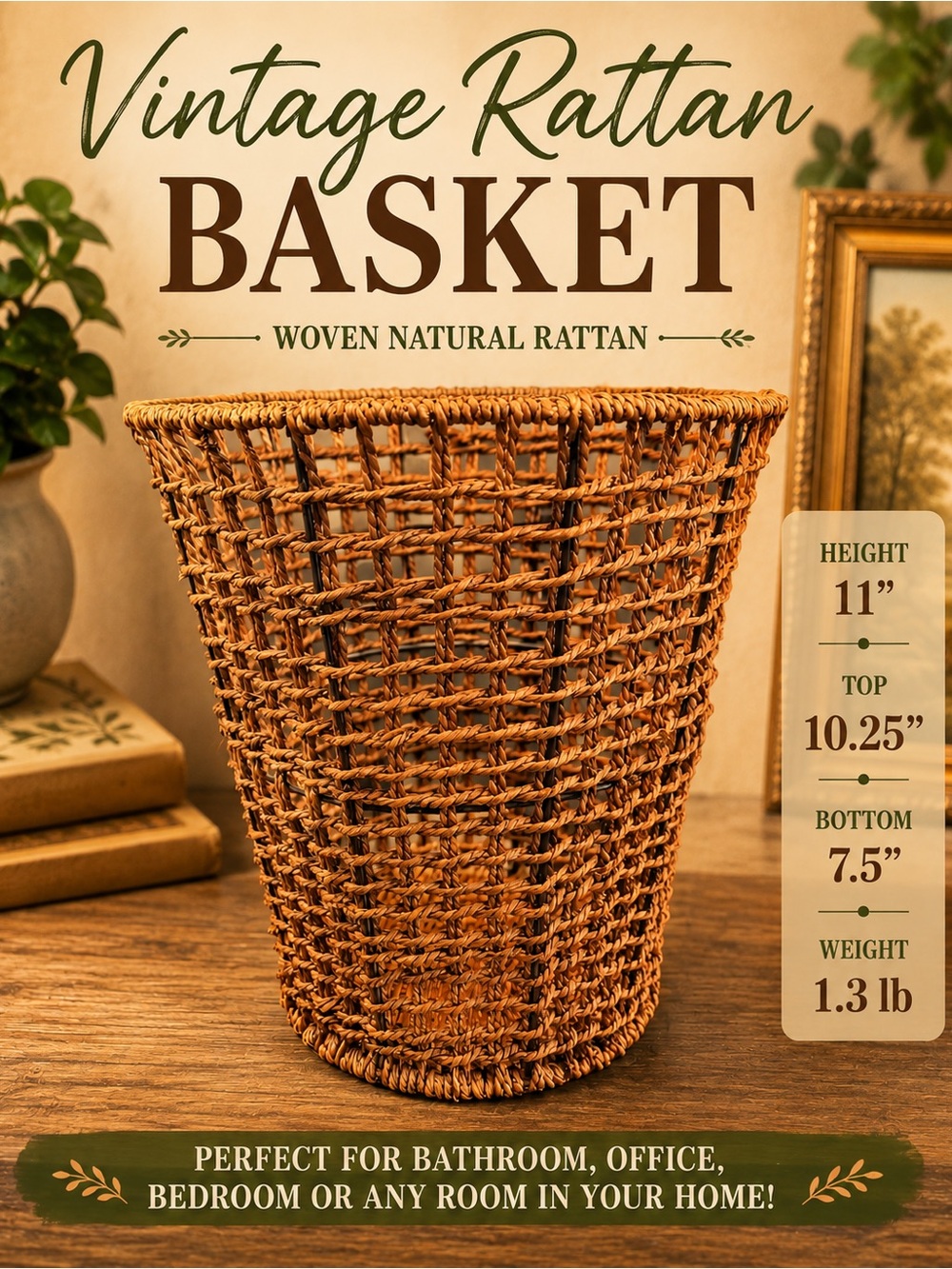 Vintage Natural Rattan Wicker Wastebasket Boho Home Décor 11”
